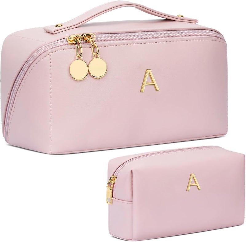 CLOUDWINGS Birthday Gifts for Women Teen Girl, Personalized Initial Makeup Organizer Bag Set, Open Flat Travel Cosmetic Bag With Clear Divider and Handle(Pink,A) - Image 1